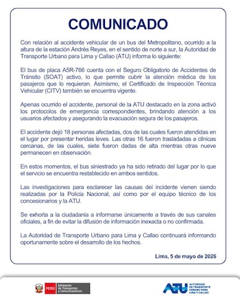 Documento oficial de la Autoridad de Transporte Urbano para Lima y Callao (ATU) titulado 'COMUNICADO', con detalles sobre un accidente del Metropolitano