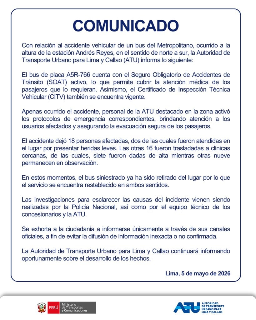La Autoridad de Transporte Urbano para Lima y Callao (ATU) restableció la circulación en la vía exclusiva del Metropolitano y amplió el horario de servicios tras el accidente en la estación Andrés Reyes, que dejó 18 heridos. (Fuente: X / ATU)