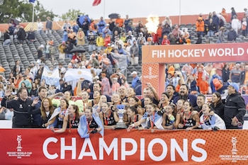 Festejos copa Las Leonas Argentina vs Paises Bajos final Mundial Hockey 2026