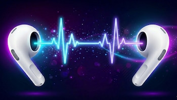 Dos auriculares inalámbricos blancos se enfrentan, unidos por una onda de ritmo cardíaco brillante en azul y morado sobre un fondo púrpura