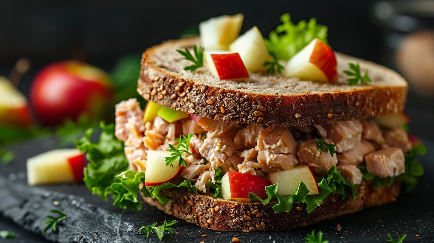 Sándwich de ensalada de manzana con atún servido en pan integral, perfecto para una comida rápida y saludable. - (Imagen Ilustrativa Infobae