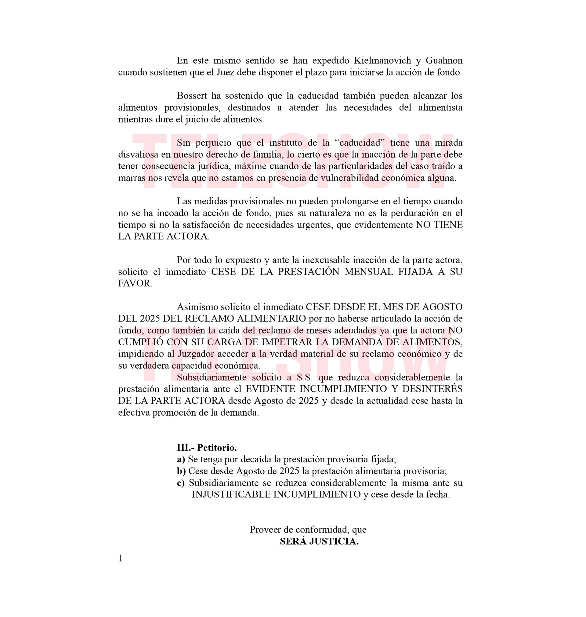 Este documento legal muestra la estrategia de la defensa de Mauro Icardi, solicitando el cese de la prestación alimentaria provisional