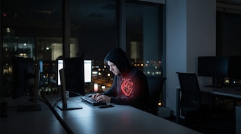 Un hombre con sudadera trabaja en un teclado frente a un monitor en una oficina oscura de noche. Una imagen de corazón rojo brillante aparece sobre su pecho.