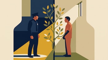 Ilustración de un guardia uniformado y un recluso con traje anaranjado de pie dentro de una celda, separados por un árbol pequeño.