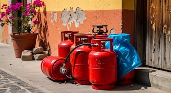Cinco cilindros de gas rojos, uno de ellos tumbado, con una manguera negra, están en una acera de concreto junto a una pared colorida y una puerta de madera.