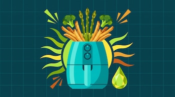 Ilustración vectorial de una freidora de aire turquesa con espárragos, brócoli, papas fritas y una gota de aceite sobre un fondo azul.