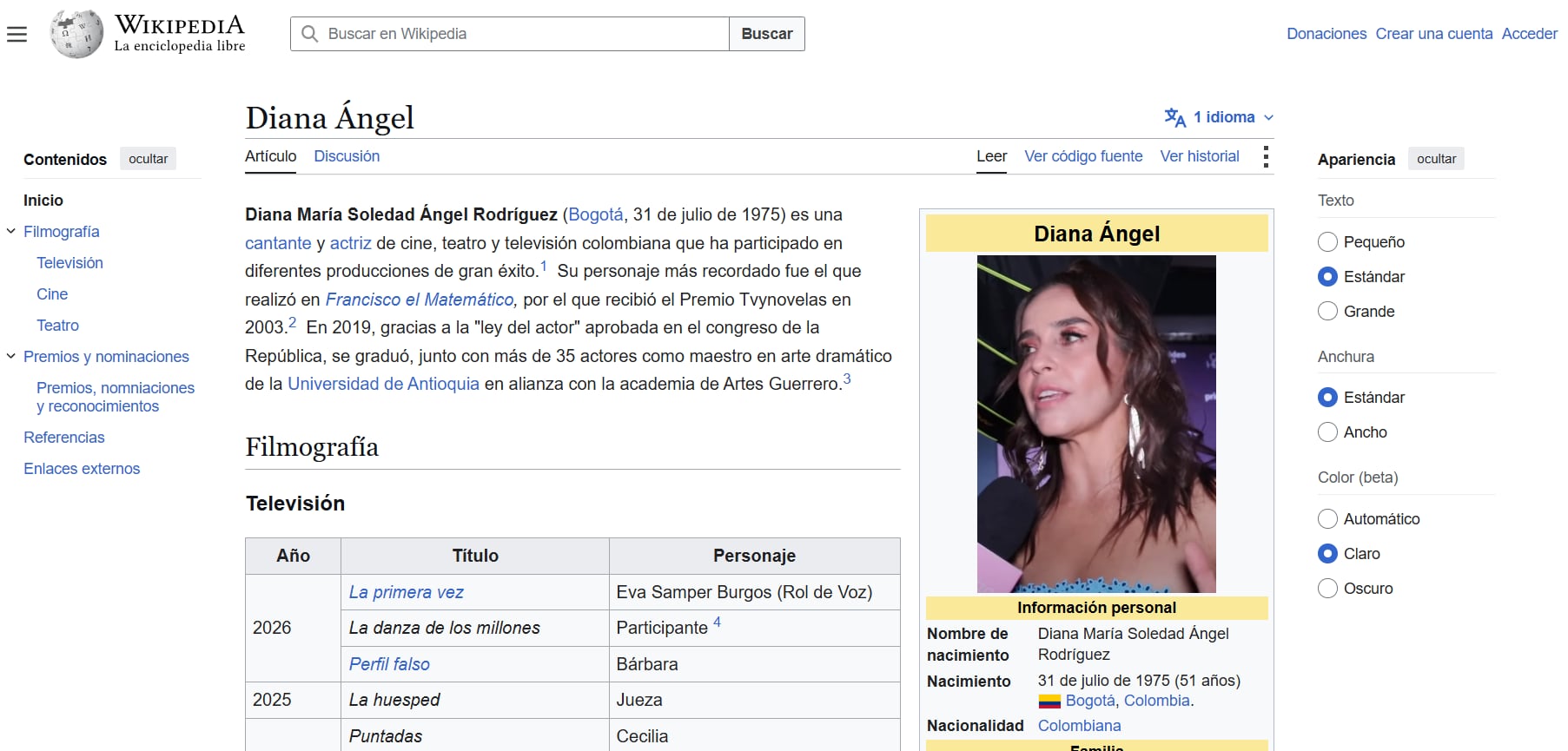 La actriz no aparece con dicho señalamiento en la búsqueda oficial - crédito Wikipedia