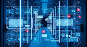 Un pasillo en un centro de datos con filas de servidores iluminados en azul. Hay gráficos digitales superpuestos que muestran datos, esquemas y candados rojos.