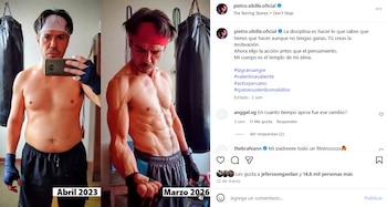 Imagen dividida mostrando al actor Pietro Sibille: a la izquierda, con físico más relajado en 2023; a la derecha, tonificado y musculoso en 2026
