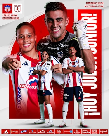 Con Jordan Barrera y Santiago Mele, además de presentar el partido femenino, así presentó Junior el encuentro ante el Escarlata-crédito @JuniorClubSA/X