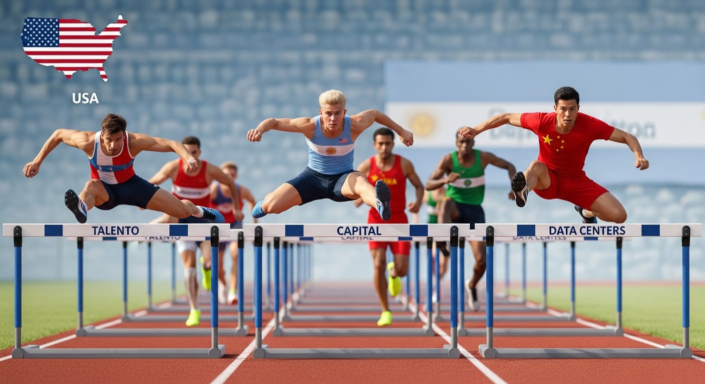 Una carrera de vallas escenifica la competencia global por el liderazgo en inteligencia artificial, con corredores que representan a distintas naciones abordando desafíos clave como talento, capital y centros de datos. (Imagen Ilustrativa Infobae)