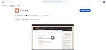 Captura de pantalla de la Chrome Web Store con la página de la extensión Claude, su logo, una calificación de 2.8 estrellas, 13.000.000 usuarios y una vista previa del software