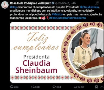 Rosa Icela Rodríguez publica un mensaje en redes sociales para enviar un abrazo a la mandataria federal, a quien describe como “lideresa mundial” y destaca su inteligencia, valentía, honestidad y amor al pueblo mexicano
