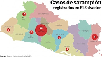 Mapa político de El Salvador con sus 14 departamentos coloreados. Círculos rojos con números blancos indican casos de sarampión en ocho departamentos.