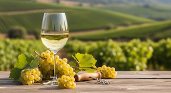 Copa de vino blanco, racimos de uvas blancas y un sacacorchos sobre mesa de madera. Viñedos verdes difuminados se extienden en el fondo soleado.