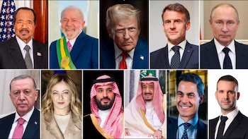 Composición fotográfica dividida en dos filas que reúne retratos individuales de once líderes políticos internacionales vestidos de traje