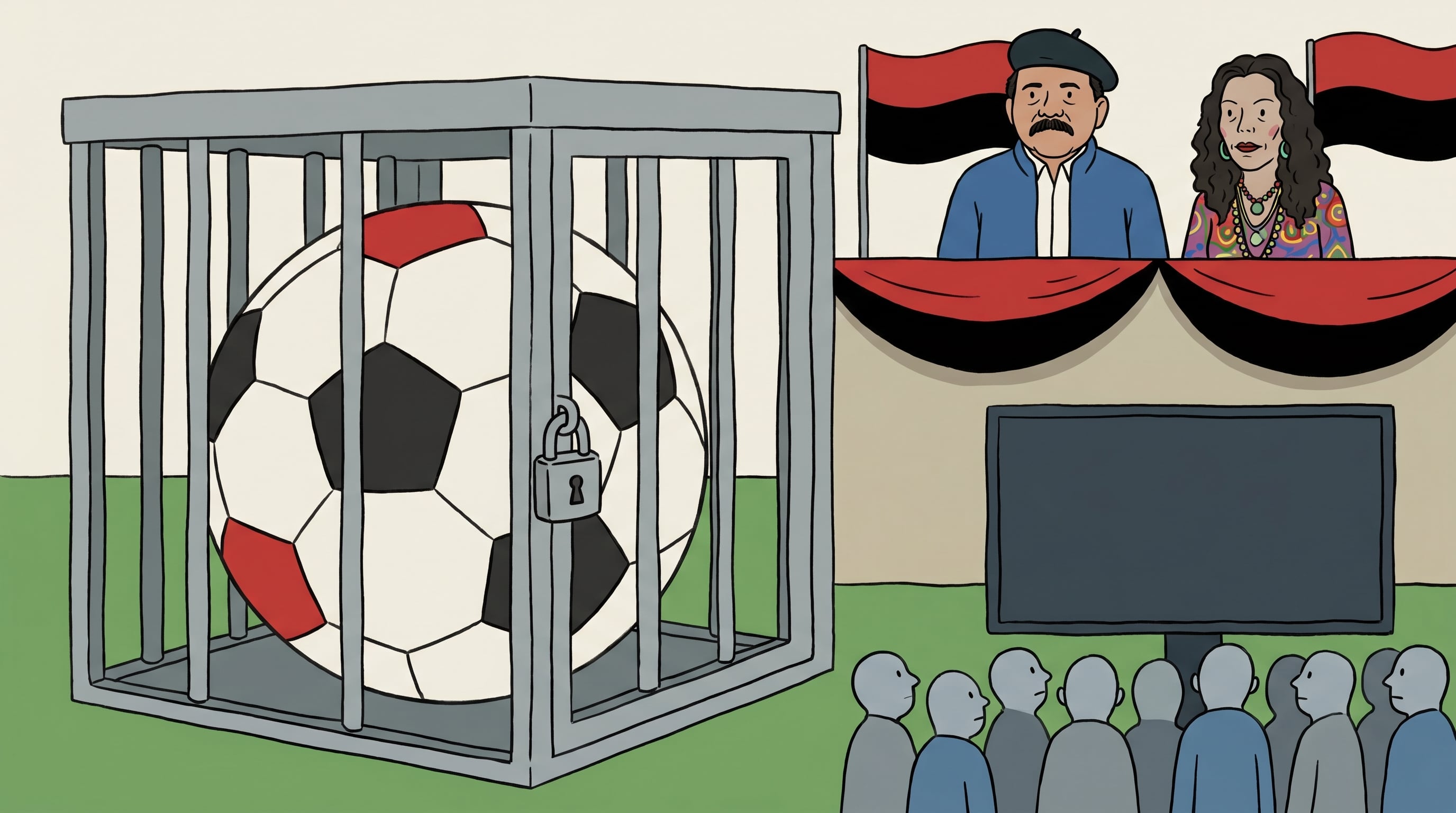 Un balón de fútbol con un candado está enjaulado, vigilado por Daniel Ortega y Rosario Murillo desde una tribuna decorada con banderas sandinistas, mientras una multitud anónima observa una pantalla de televisión apagada. (Imagen Ilustrativa Infobae)