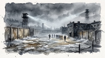 Acuarela de un recinto carcelario con torres de vigilancia, muros con alambre de púas, nieve y siluetas de guardias y reclusos.