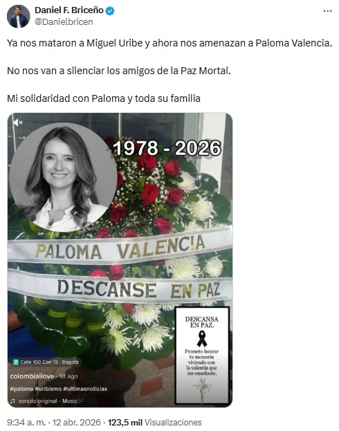 Daniel Briceño alertó sobre inseguridad electoral tras amenazas a Paloma Valencia y asesinato de Miguel Uribe - crédito @Danielbricen/X