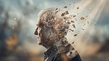Perfil de un hombre mayor con un cerebro transparente, neuronas, hojas secas y trozos de fotos que flotan en el aire
