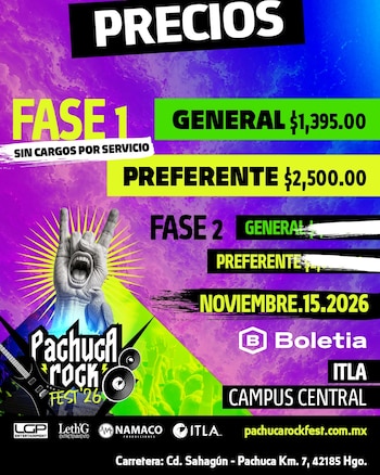 Cartel publicitario con precios del Pachuca Rock Fest 2026, la imagen de una mano con la seña del rock y detalles del evento en Hidalgo