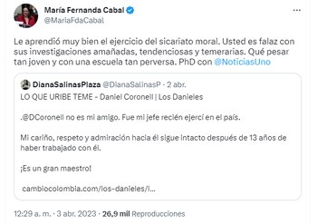 A través de Twitter, la senadora del Centro Democrático arremetió contra la periodista Diana Salinas.
Twitter (@MariaFdaCabal)