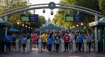 Vista frontal de visitantes cruzando torniquetes de entrada a un parque temático Disney, con un arco de bienvenida y pantallas informativas.