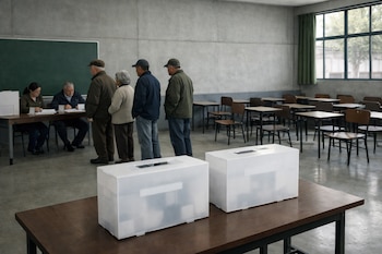 Local de votación con dos urnas blancas en primer plano. Votantes en fila corta frente a una mesa con oficiales. Muchas sillas y mesas vacías al fondo, ventanal grande.