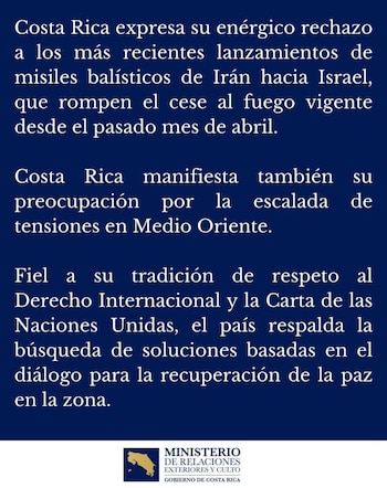 El comunicado costarricense subrayó la importancia del cese al fuego y la recuperación de la paz en la región. Crédito: Ministerio de Relaciones Exteriores y Culto