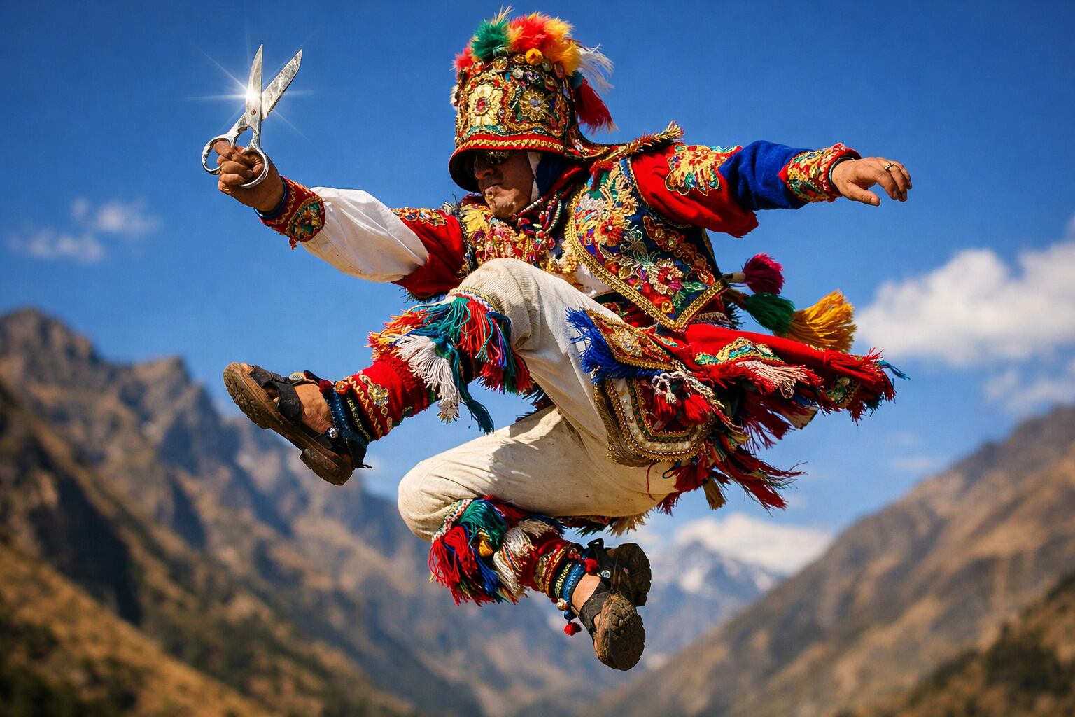 Un danzante de la danza de las tijeras, vestido con traje bordado y sombrero alto, salta mientras sostiene unas tijeras metálicas en el aire sobre un fondo de montañas andinas. (Imagen Ilustrativa Infobae)