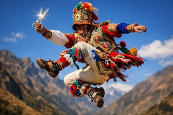 Danzante en salto con traje tradicional andino, sombrero decorado, chaqueta bordada, pantalón con flecos, sandalias y tijeras metálicas. Montañas y cielo azul.