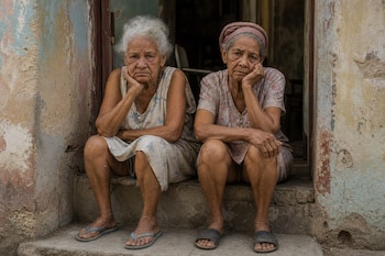 Dos mujeres de edad avanzada descansan en el escalón de una puerta con paredes deterioradas, vestidas con vestidos ligeros y sandalias.