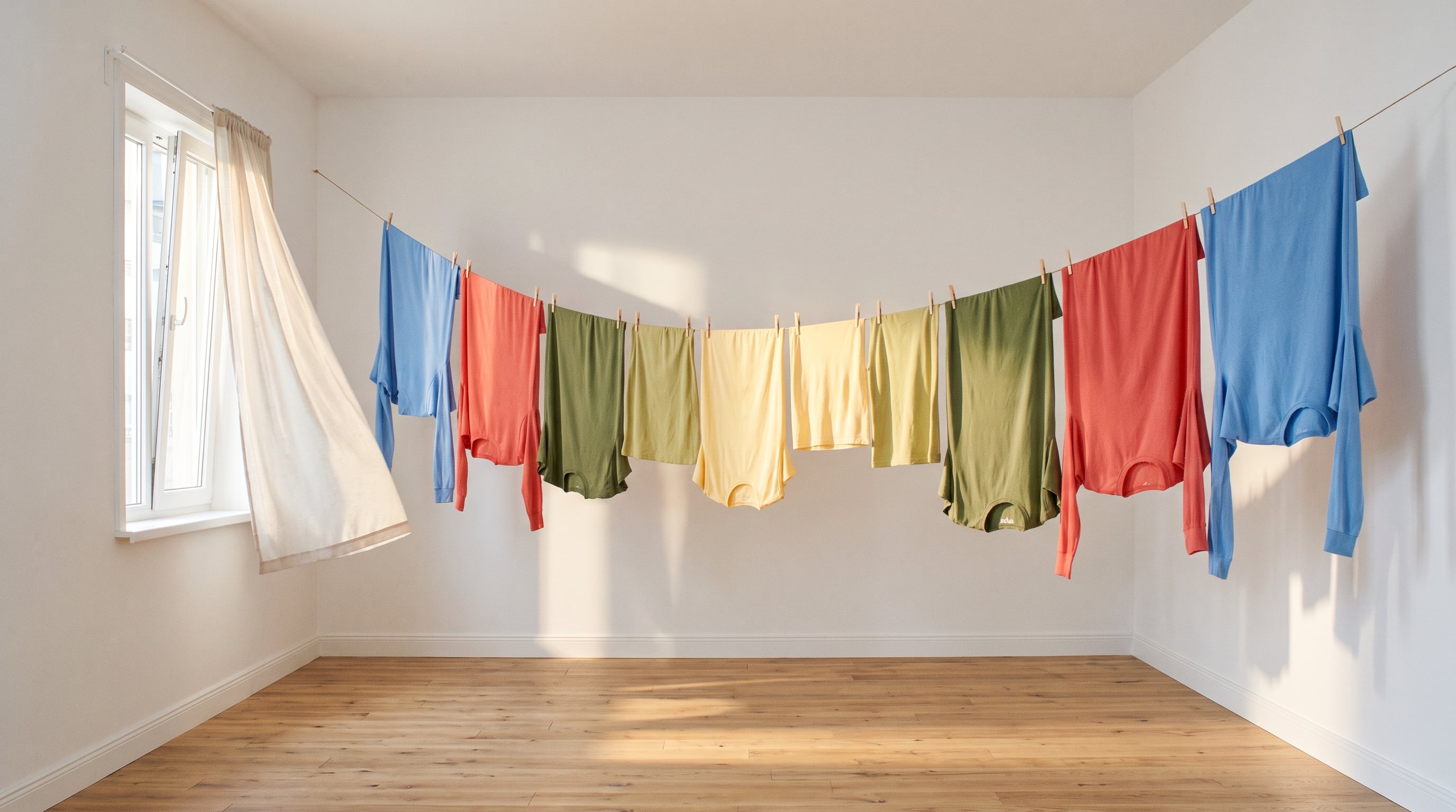 Un tendedero con ropa colorida de diferentes largos se dispone en un espacio interior minimalista, bañado por la luz natural que entra por una ventana abierta. (Imagen Ilustrativa Infobae)