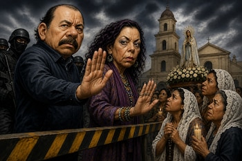 Ilustración de Daniel Ortega, Rosario Murillo, policías armados y una barrera frente a fieles católicos que cargan una imagen religiosa.
