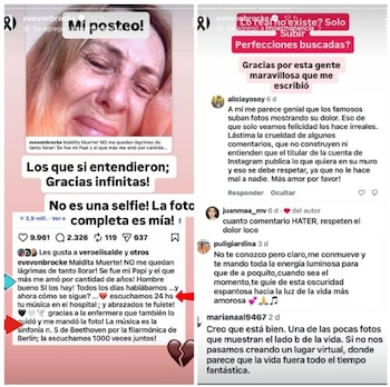 Captura de pantalla de dos publicaciones en redes sociales. A la izquierda, el rostro de Evelyn VB llorando con lágrimas. A la derecha, comentarios de apoyo