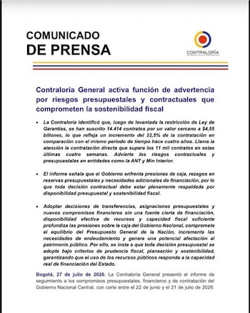 Alerta de la Contraloría: crece la contratación directa y se intensifican los riesgos presupuestales - crédito @CGR_Colombia/X