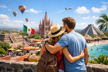 Una pareja de espaldas mira un paisaje híbrido de México: una ciudad colonial con una iglesia, globos y bandera, y una playa con pirámide maya y gente.