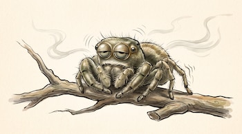 Dibujo de una araña con ojos grandes entrecerrados y patas dobladas sobre una rama seca, con trazos curvos y volutas alrededor.