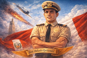Pintura de aviador en uniforme y gorra. Fondo con bandera de Perú, avión con estela de fuego y monumento. Texto: José Abelardo Quiñones.