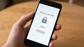 Mano de persona sosteniendo un teléfono móvil con pantalla que muestra Bloqueo de SIM, un icono de candado, el número 1234 y el botón Desbloquear.