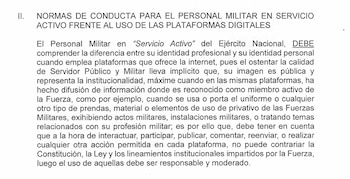 La circular 2025106000904623, emitida el 15 de enero de 2025 por parte del Ministerio de Defensa, el Comando General de las Fuerzas Militares y el Ejército Nacional, señala que la acción del suboficial estaría prohibida - crédito suministrado a Infobae Colombia