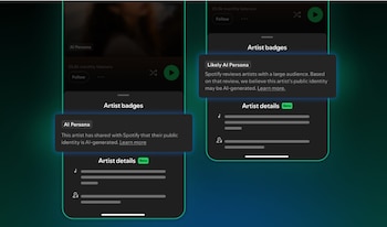 Dos pantallas de la aplicación Spotify. Muestran secciones de 'Artist badges' con insignias 'AI Persona' y 'Likely AI Persona' y texto en inglés