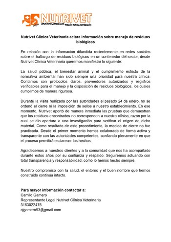 Nutrivet sostiene que no recibió