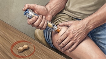 Ilustración de una mano presionando un autoinyector contra un muslo y un maní dentro de un círculo rojo sobre una mesa de madera.