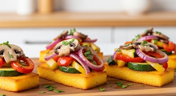 Varias bruschettas de polenta dorada con trozos de morrón rojo, zucchini verde, cebolla morada, champiñones y perejil picado, sobre una tabla de madera.