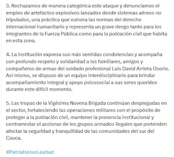 La institución militar transmitió sus condolencias a los familiares y compañeros del soldado asesinado- crédito @Ejercito_Div3/X
