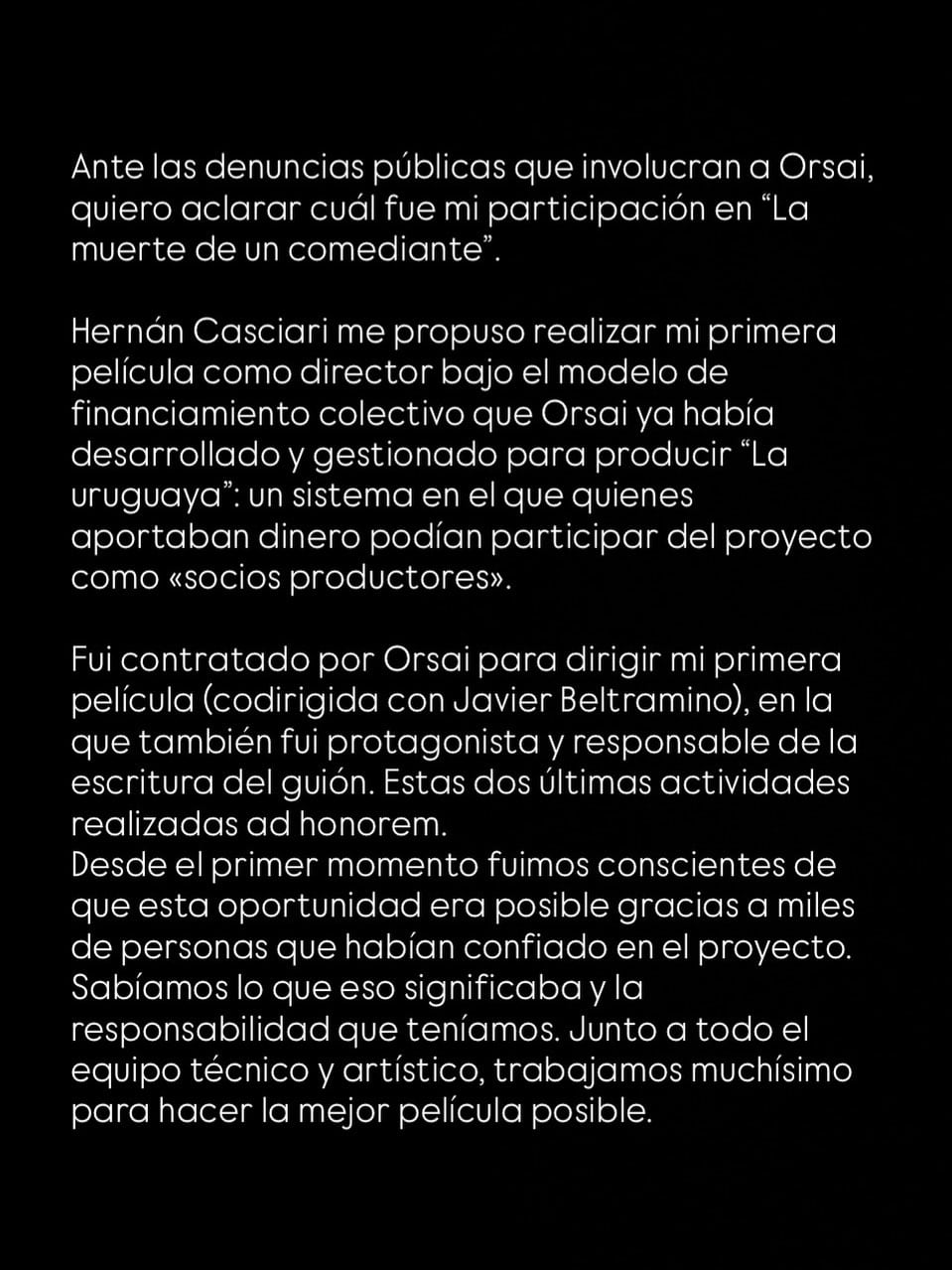 El actor y director Diego Peretti detalla su participación en la película «La muerte de un comediante» tras los señalamientos públicos dirigidos a Hernán Casciari y la productora Orsai.