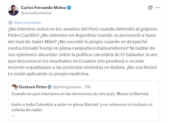 El senador Carlos Fernando Motoa enumeró varios episodios en los que el mandatario colombiano se pronunció sobre asuntos políticos de otros países - crédito @senadormotoa/X