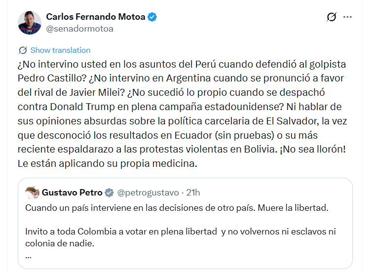 El senador Carlos Fernando Motoa enumeró varios episodios en los que el mandatario colombiano se pronunció sobre asuntos políticos de otros países - crédito @senadormotoa/X
