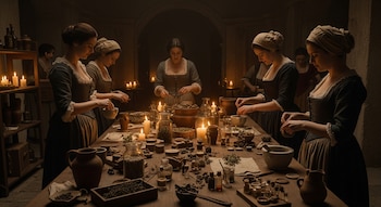 Varias mujeres en vestimenta histórica se agrupan alrededor de una mesa larga con velas encendidas, frascos, morteros, plantas medicinales y pequeños recipientes.